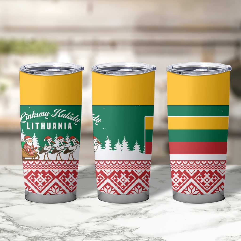 Lithuania Christmas Tumbler Cup with Santa Sleigh Pulled by Storks and Folk Pattern Design - Wonder Print Shop