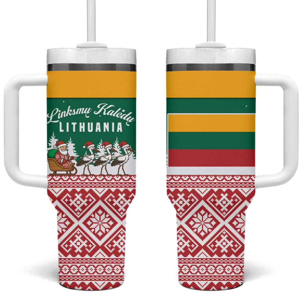 Lithuania Christmas Tumbler With Handle with Santa Sleigh Pulled by Storks and Folk Pattern Design - Wonder Print Shop