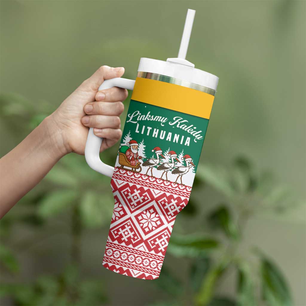 Lithuania Christmas Tumbler With Handle with Santa Sleigh Pulled by Storks and Folk Pattern Design - Wonder Print Shop