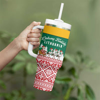 Lithuania Christmas Tumbler With Handle with Santa Sleigh Pulled by Storks and Folk Pattern Design - Wonder Print Shop