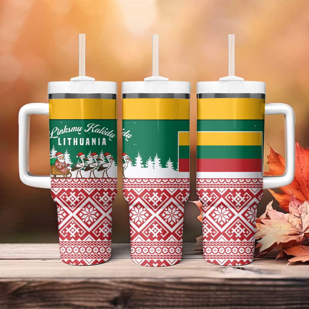 Lithuania Christmas Tumbler With Handle with Santa Sleigh Pulled by Storks and Folk Pattern Design - Wonder Print Shop