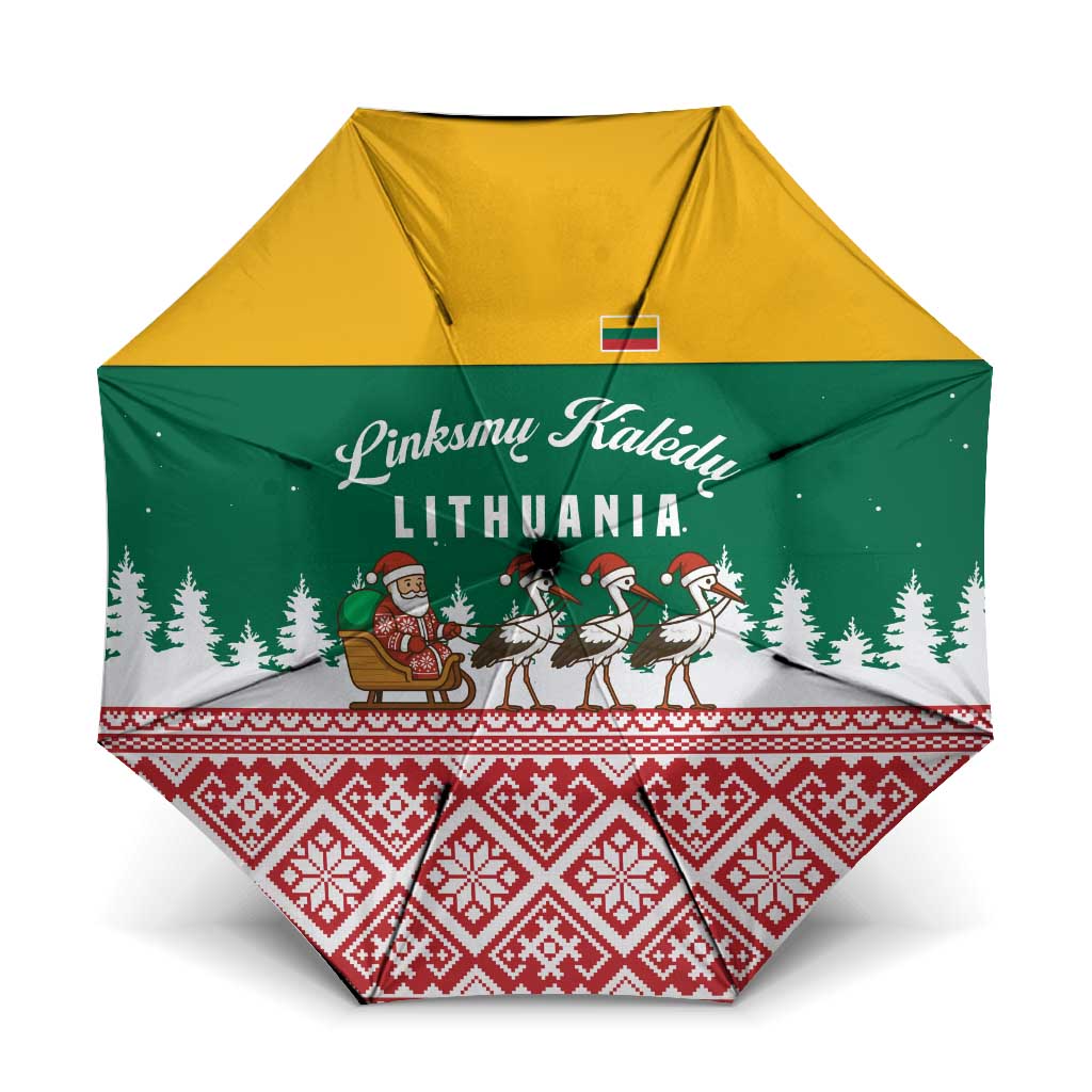 Lithuania Christmas Umbrella with Santa Sleigh Pulled by Storks and Folk Pattern Design - Wonder Print Shop