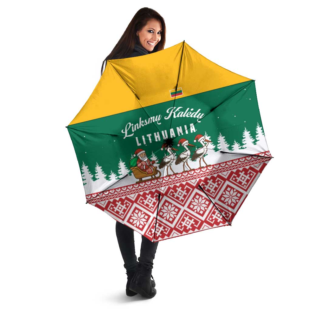 Lithuania Christmas Umbrella with Santa Sleigh Pulled by Storks and Folk Pattern Design - Wonder Print Shop