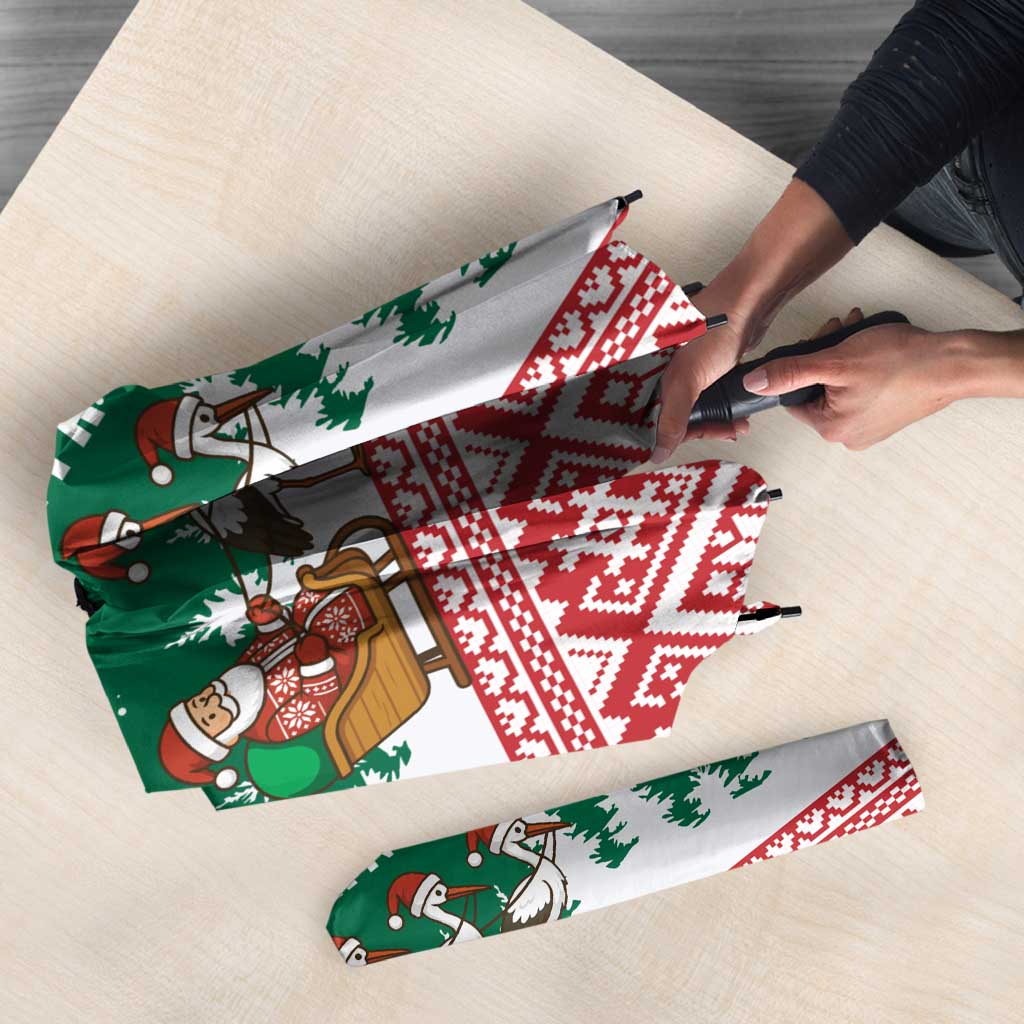 Lithuania Christmas Umbrella with Santa Sleigh Pulled by Storks and Folk Pattern Design - Wonder Print Shop