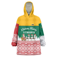 Lithuania Christmas Wearable Blanket Hoodie with Santa Sleigh Pulled by Storks and Folk Pattern Design - Wonder Print Shop