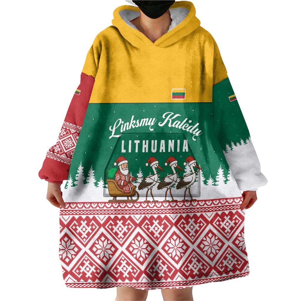 Lithuania Christmas Wearable Blanket Hoodie with Santa Sleigh Pulled by Storks and Folk Pattern Design - Wonder Print Shop