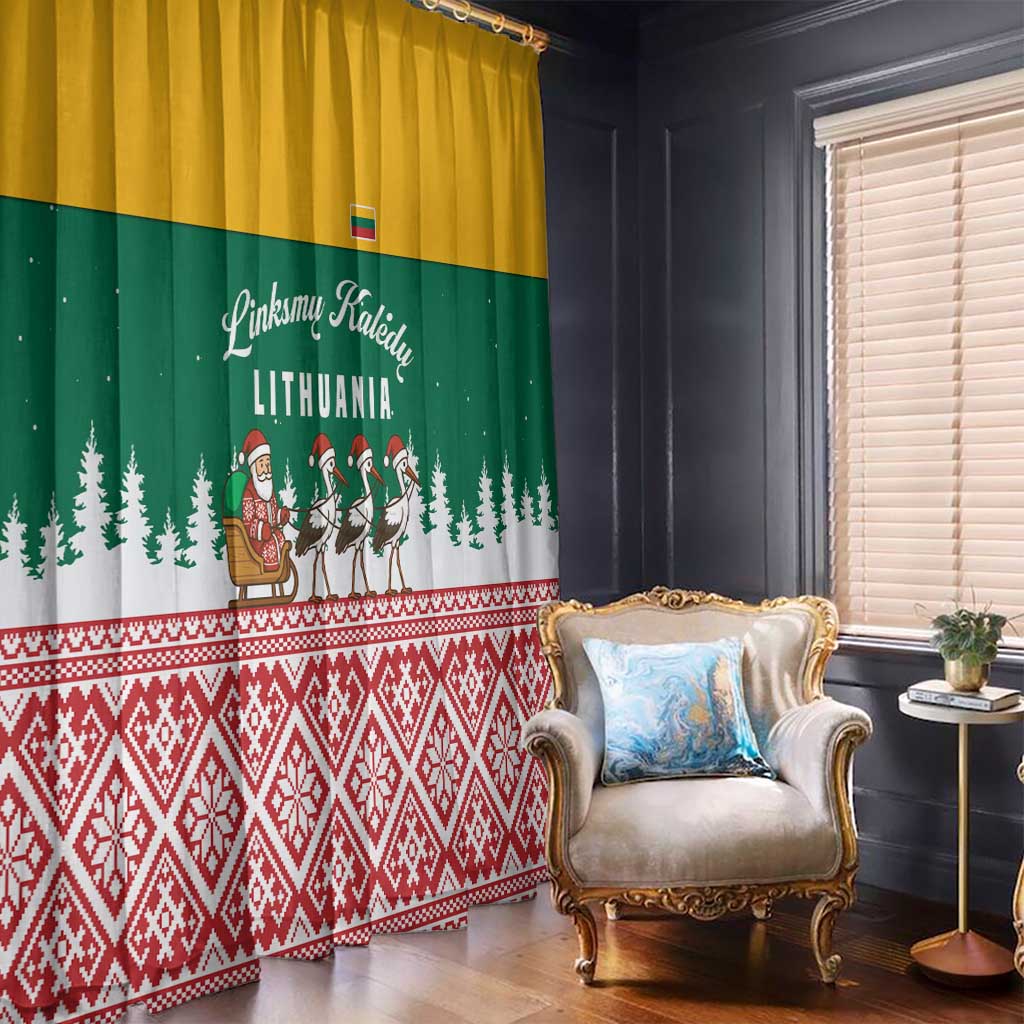 Lithuania Christmas Window Curtain with Santa Sleigh Pulled by Storks and Folk Pattern Design - Wonder Print Shop