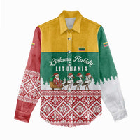 Lithuania Christmas Women Casual Shirt with Santa Sleigh Pulled by Storks and Folk Pattern Design - Wonder Print Shop