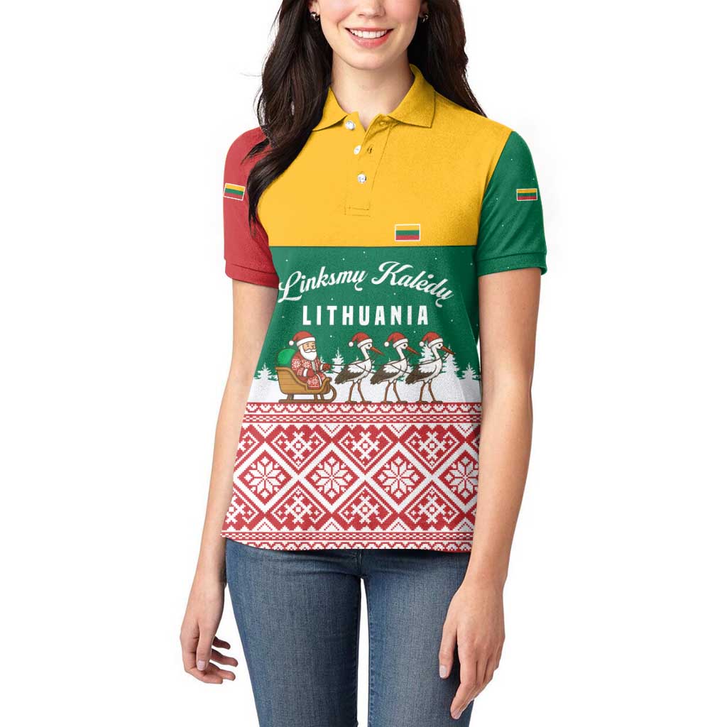 Lithuania Christmas Women Polo Shirt with Santa Sleigh Pulled by Storks and Folk Pattern Design - Wonder Print Shop