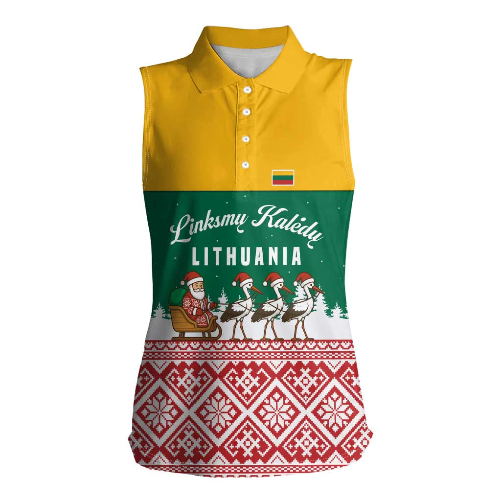 Lithuania Christmas Women Sleeveless Polo Shirt with Santa Sleigh Pulled by Storks and Folk Pattern Design - Wonder Print Shop