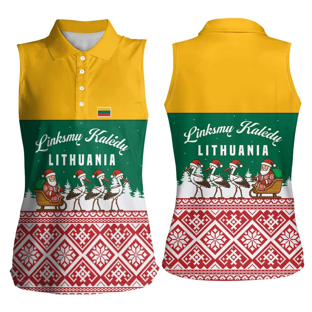 Lithuania Christmas Women Sleeveless Polo Shirt with Santa Sleigh Pulled by Storks and Folk Pattern Design - Wonder Print Shop
