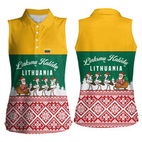 Lithuania Christmas Women Sleeveless Polo Shirt with Santa Sleigh Pulled by Storks and Folk Pattern Design - Wonder Print Shop