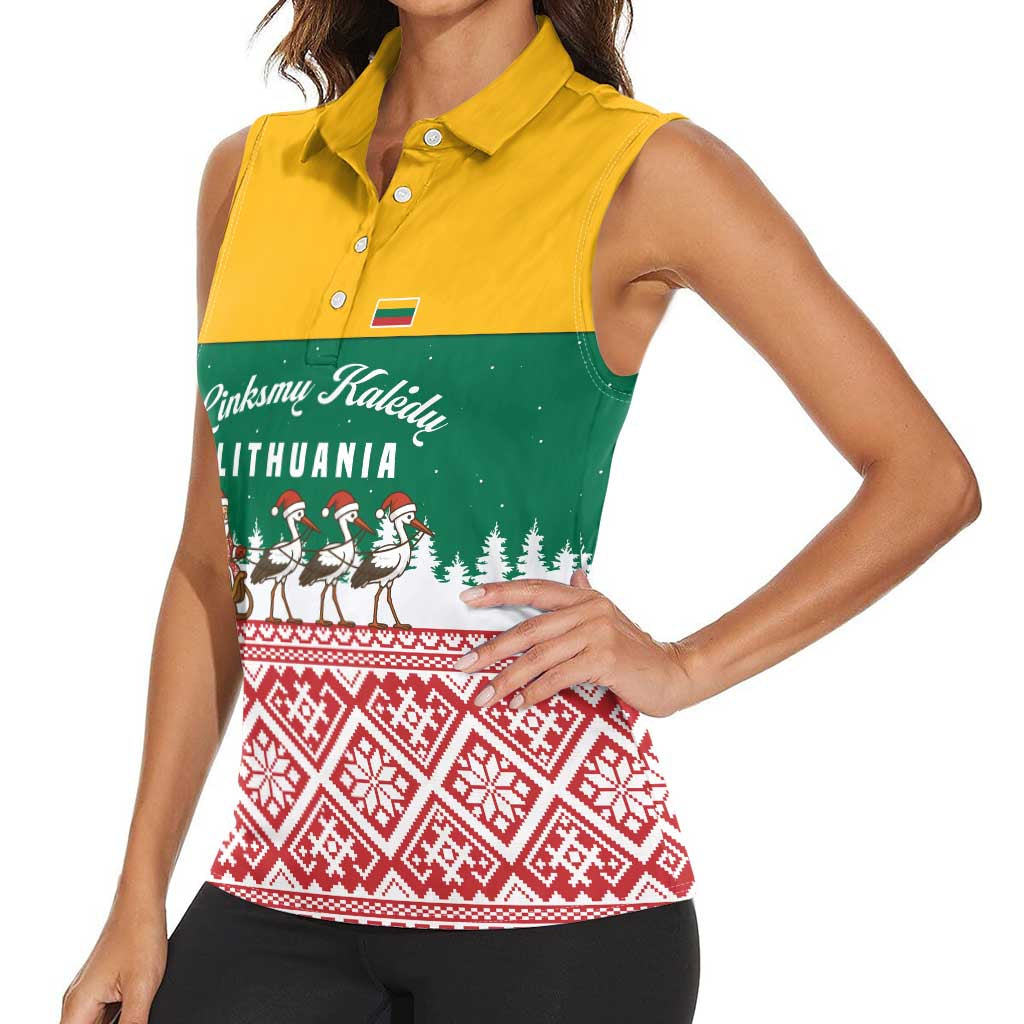 Lithuania Christmas Women Sleeveless Polo Shirt with Santa Sleigh Pulled by Storks and Folk Pattern Design - Wonder Print Shop