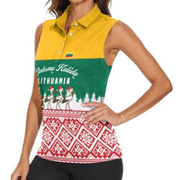 Lithuania Christmas Women Sleeveless Polo Shirt with Santa Sleigh Pulled by Storks and Folk Pattern Design - Wonder Print Shop