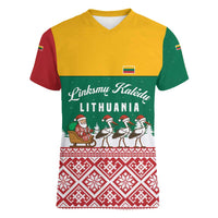 Lithuania Christmas Women V-Neck T-Shirt with Santa Sleigh Pulled by Storks and Folk Pattern Design - Wonder Print Shop