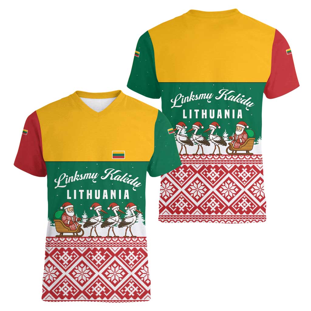 Lithuania Christmas Women V-Neck T-Shirt with Santa Sleigh Pulled by Storks and Folk Pattern Design - Wonder Print Shop