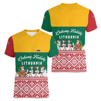 Lithuania Christmas Women V-Neck T-Shirt with Santa Sleigh Pulled by Storks and Folk Pattern Design - Wonder Print Shop