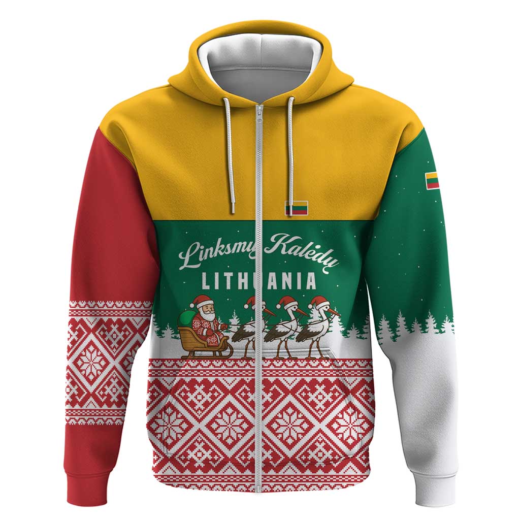 Lithuania Christmas Zip Hoodie with Santa Sleigh Pulled by Storks and Folk Pattern Design - Wonder Print Shop