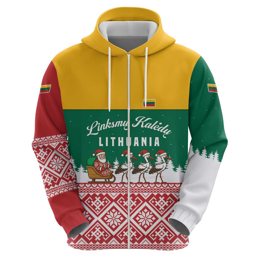 Lithuania Christmas Zip Hoodie with Santa Sleigh Pulled by Storks and Folk Pattern Design - Wonder Print Shop