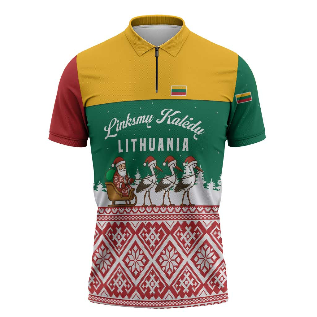 Lithuania Christmas Zipper Polo Shirt with Santa Sleigh Pulled by Storks and Folk Pattern Design - Wonder Print Shop