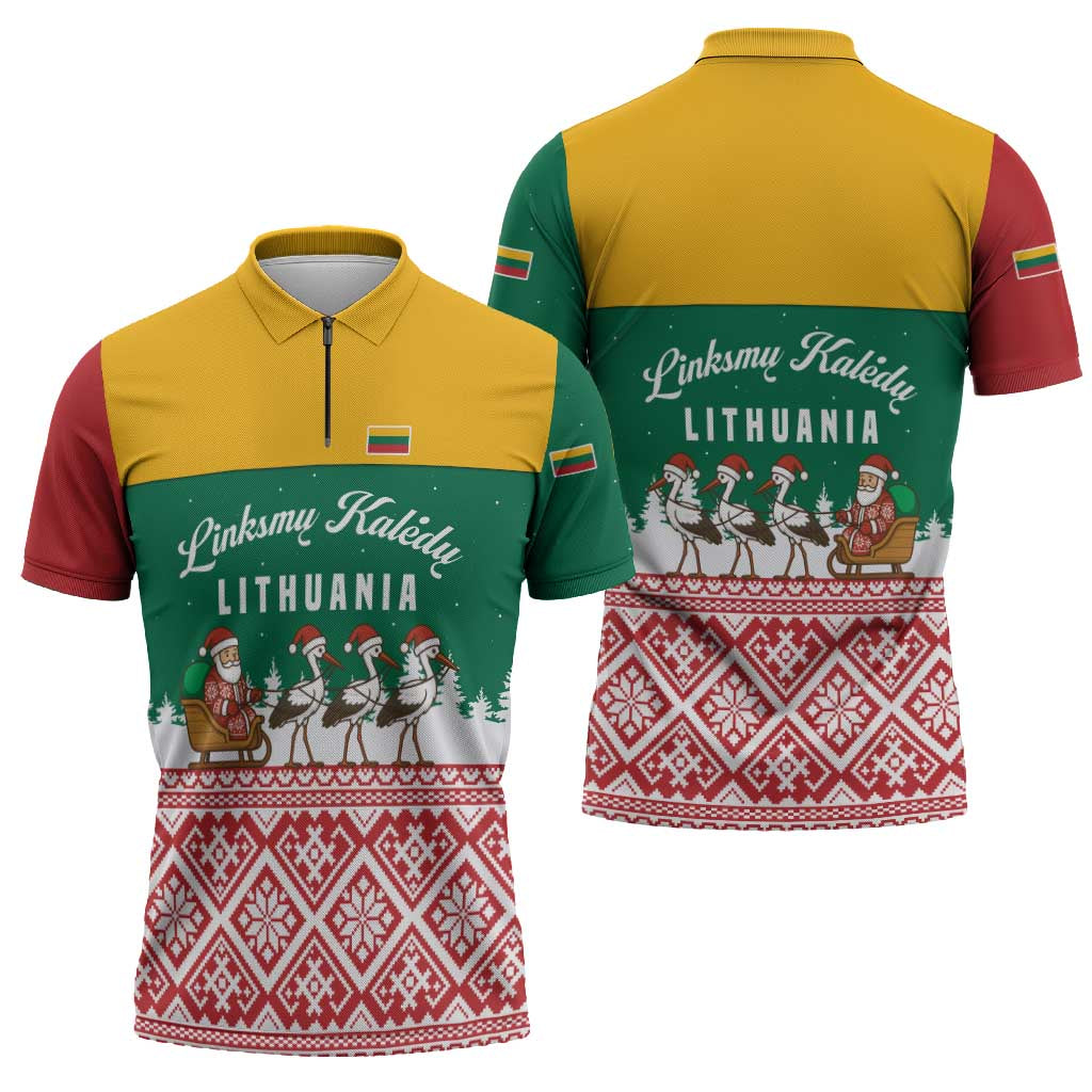 Lithuania Christmas Zipper Polo Shirt with Santa Sleigh Pulled by Storks and Folk Pattern Design - Wonder Print Shop