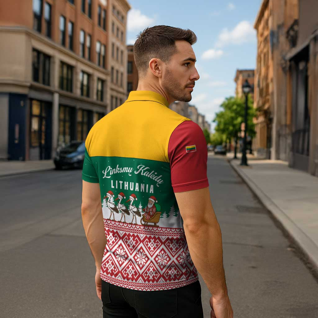 Lithuania Christmas Zipper Polo Shirt with Santa Sleigh Pulled by Storks and Folk Pattern Design - Wonder Print Shop