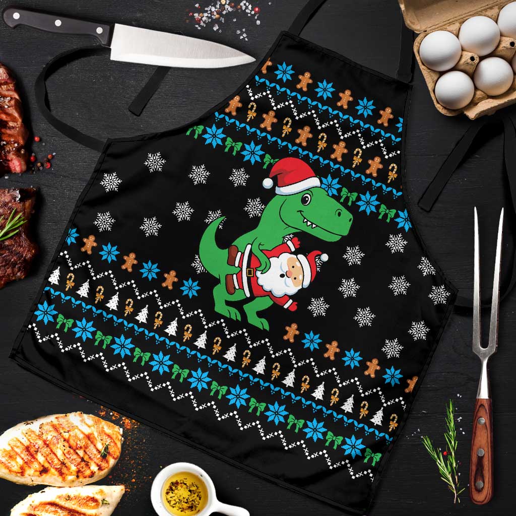 Funny Santa Riding Dinosaur Christmas Apron Gingerbread Snowflake Pattern - Wonder Print Shop