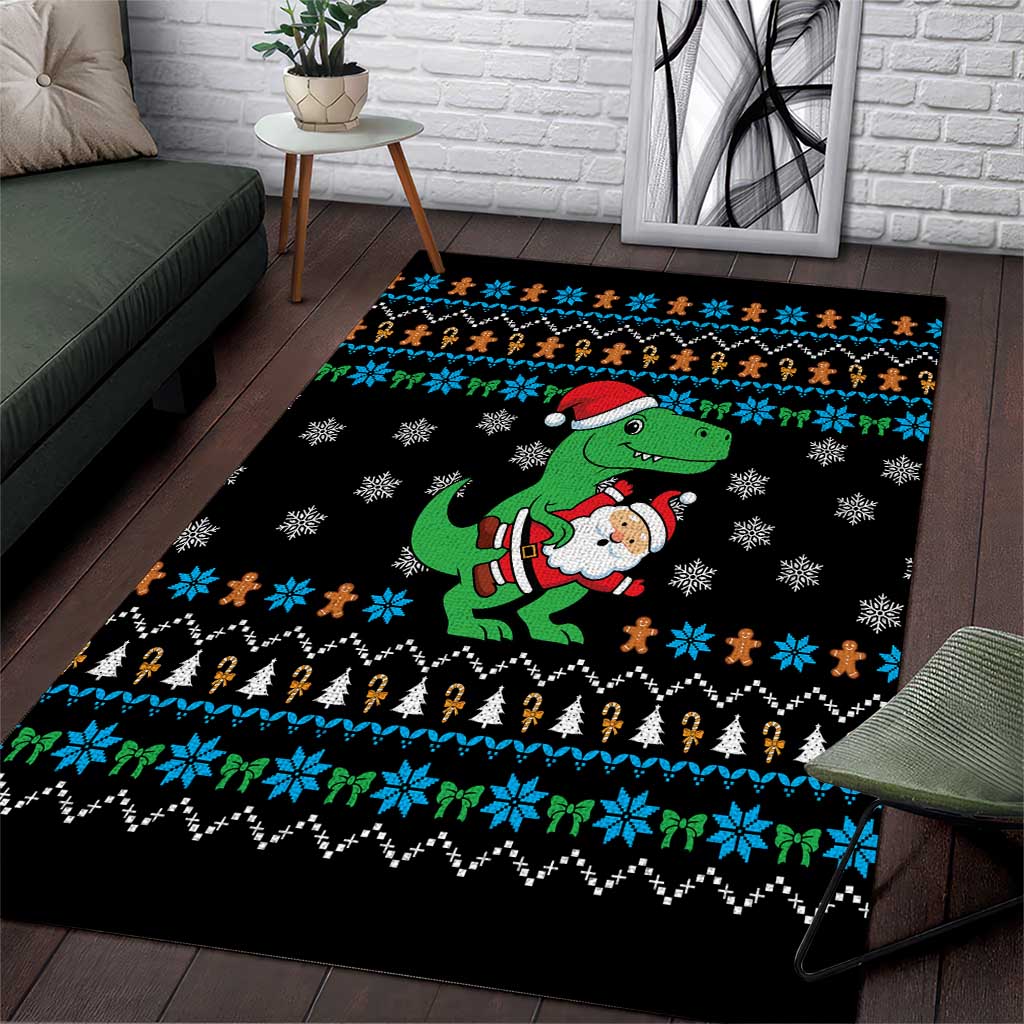 Funny Santa Riding Dinosaur Christmas Area Rug Gingerbread Snowflake Pattern - Wonder Print Shop