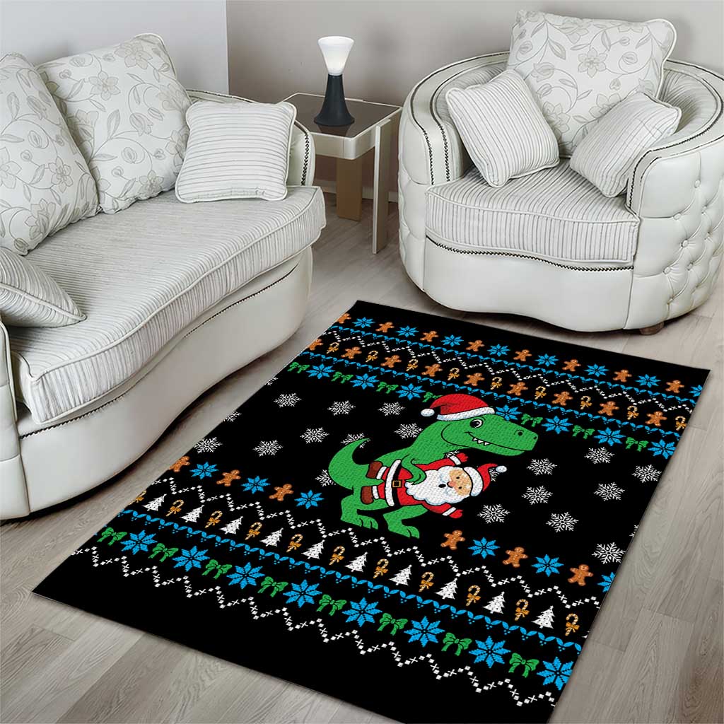 Funny Santa Riding Dinosaur Christmas Area Rug Gingerbread Snowflake Pattern - Wonder Print Shop