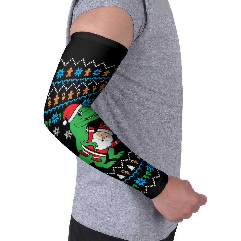 Funny Santa Riding Dinosaur Christmas Arm Sleeves Gingerbread Snowflake Pattern - Wonder Print Shop