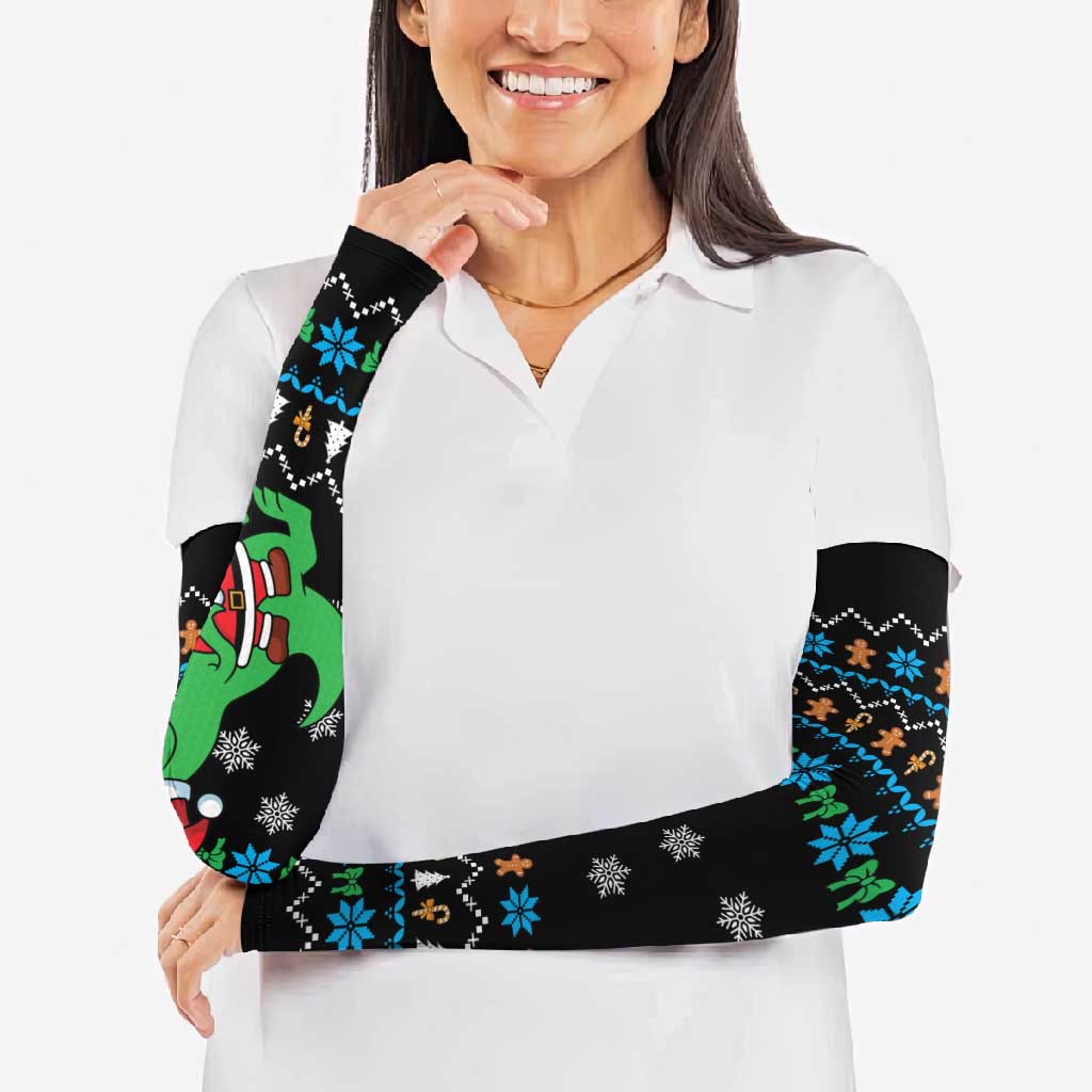 Funny Santa Riding Dinosaur Christmas Arm Sleeves Gingerbread Snowflake Pattern - Wonder Print Shop