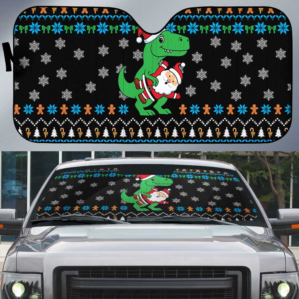 Funny Santa Riding Dinosaur Christmas Auto Sun Shade Gingerbread Snowflake Pattern - Wonder Print Shop
