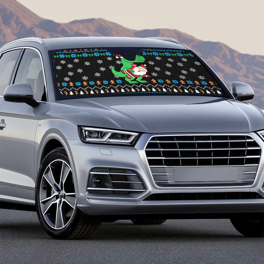 Funny Santa Riding Dinosaur Christmas Auto Sun Shade Gingerbread Snowflake Pattern - Wonder Print Shop