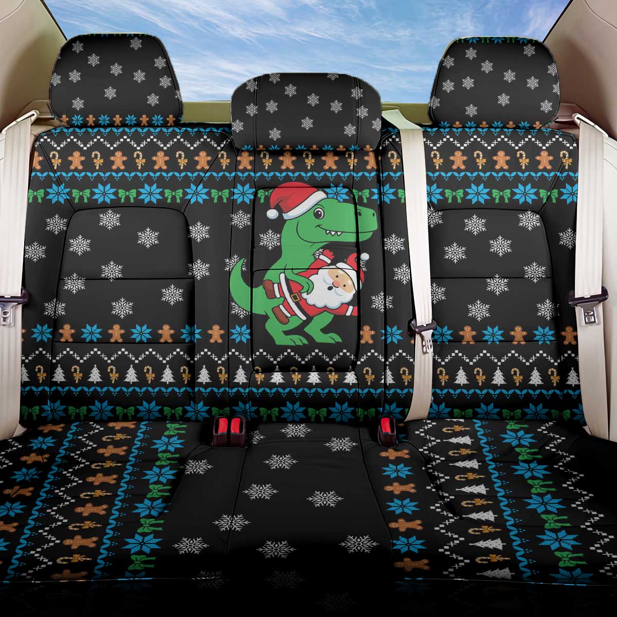Funny Santa Riding Dinosaur Christmas Back Car Seat Cover Gingerbread Snowflake Pattern - Wonder Print Shop
