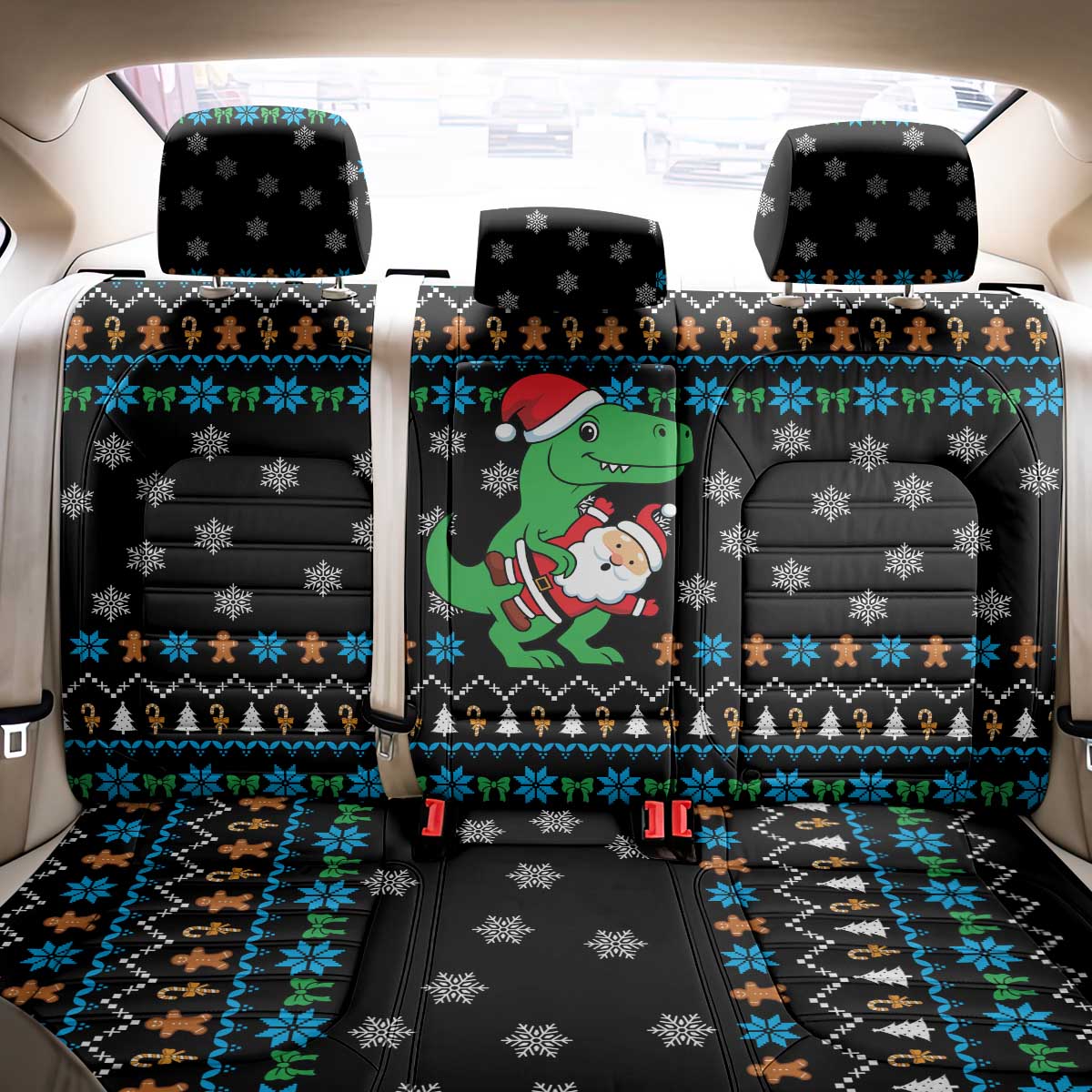 Funny Santa Riding Dinosaur Christmas Back Car Seat Cover Gingerbread Snowflake Pattern - Wonder Print Shop
