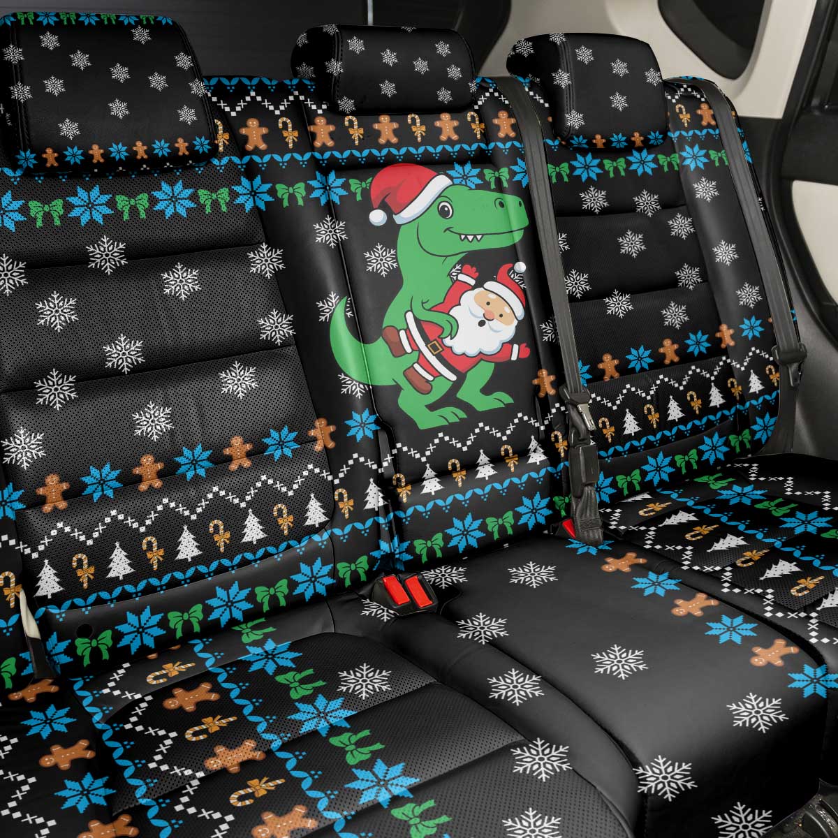 Funny Santa Riding Dinosaur Christmas Back Car Seat Cover Gingerbread Snowflake Pattern - Wonder Print Shop
