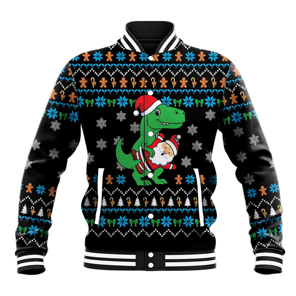 Funny Santa Riding Dinosaur Christmas Baseball Jacket Gingerbread Snowflake Pattern - Wonder Print Shop