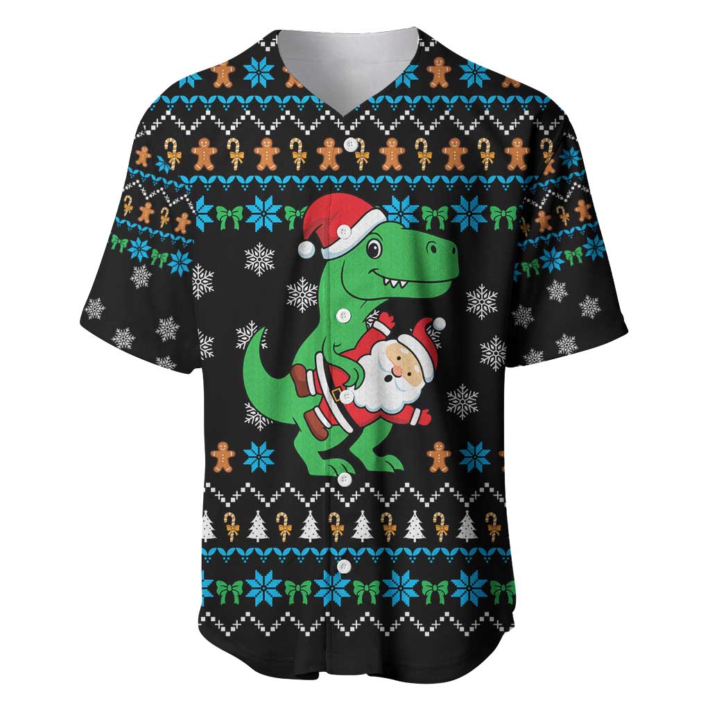 Funny Santa Riding Dinosaur Christmas Baseball Jersey Gingerbread Snowflake Pattern - Wonder Print Shop