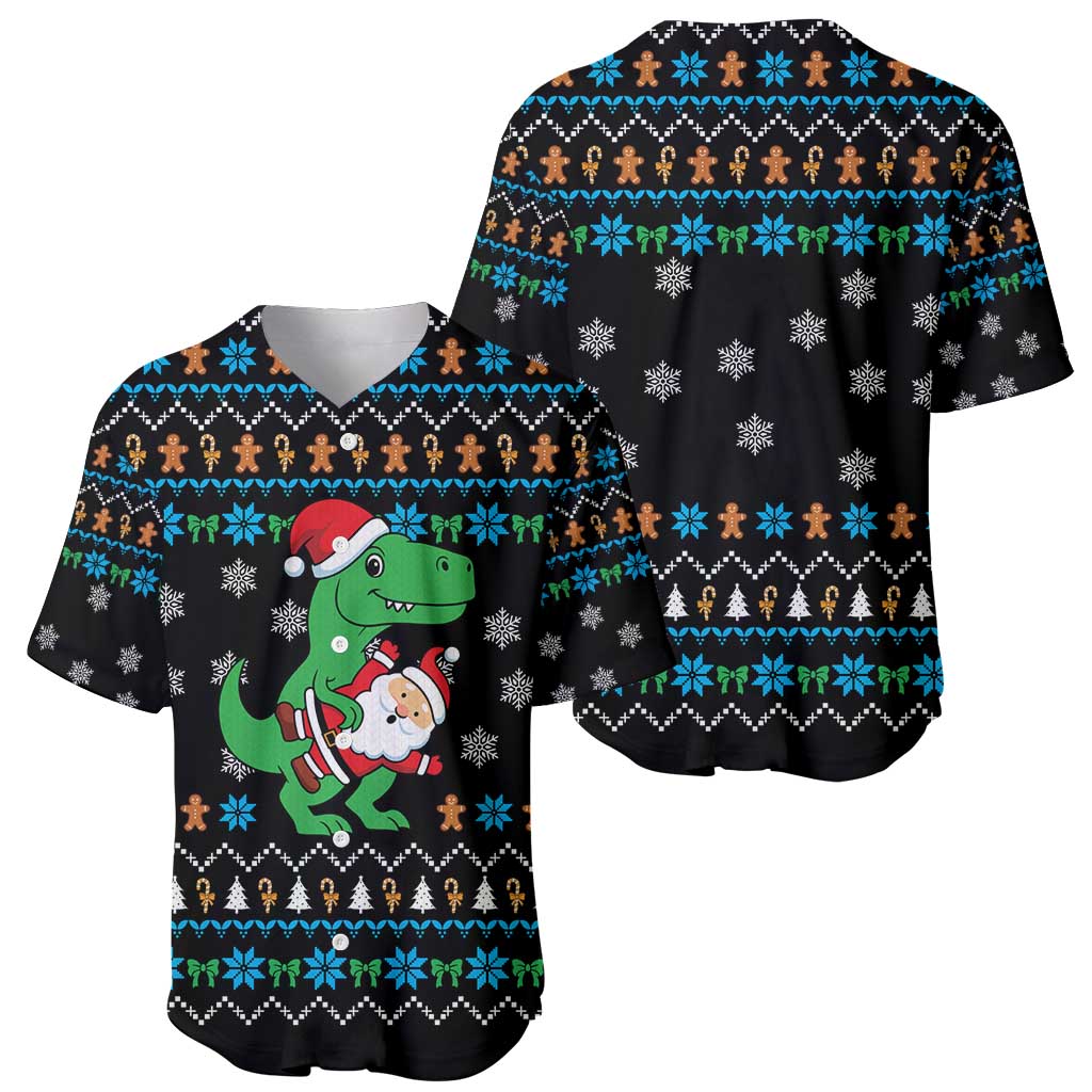 Funny Santa Riding Dinosaur Christmas Baseball Jersey Gingerbread Snowflake Pattern - Wonder Print Shop