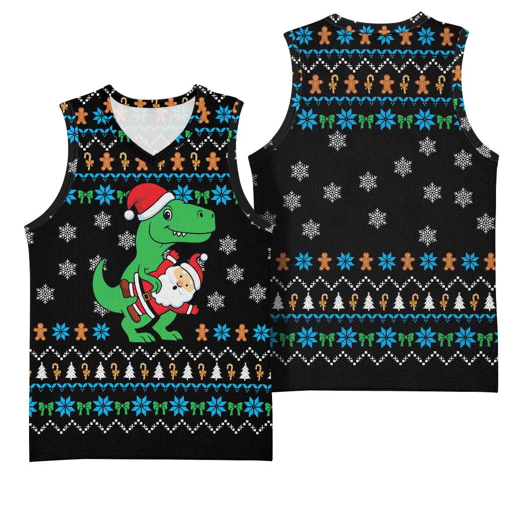 Funny Santa Riding Dinosaur Christmas Basketball Jersey Gingerbread Snowflake Pattern - Wonder Print Shop
