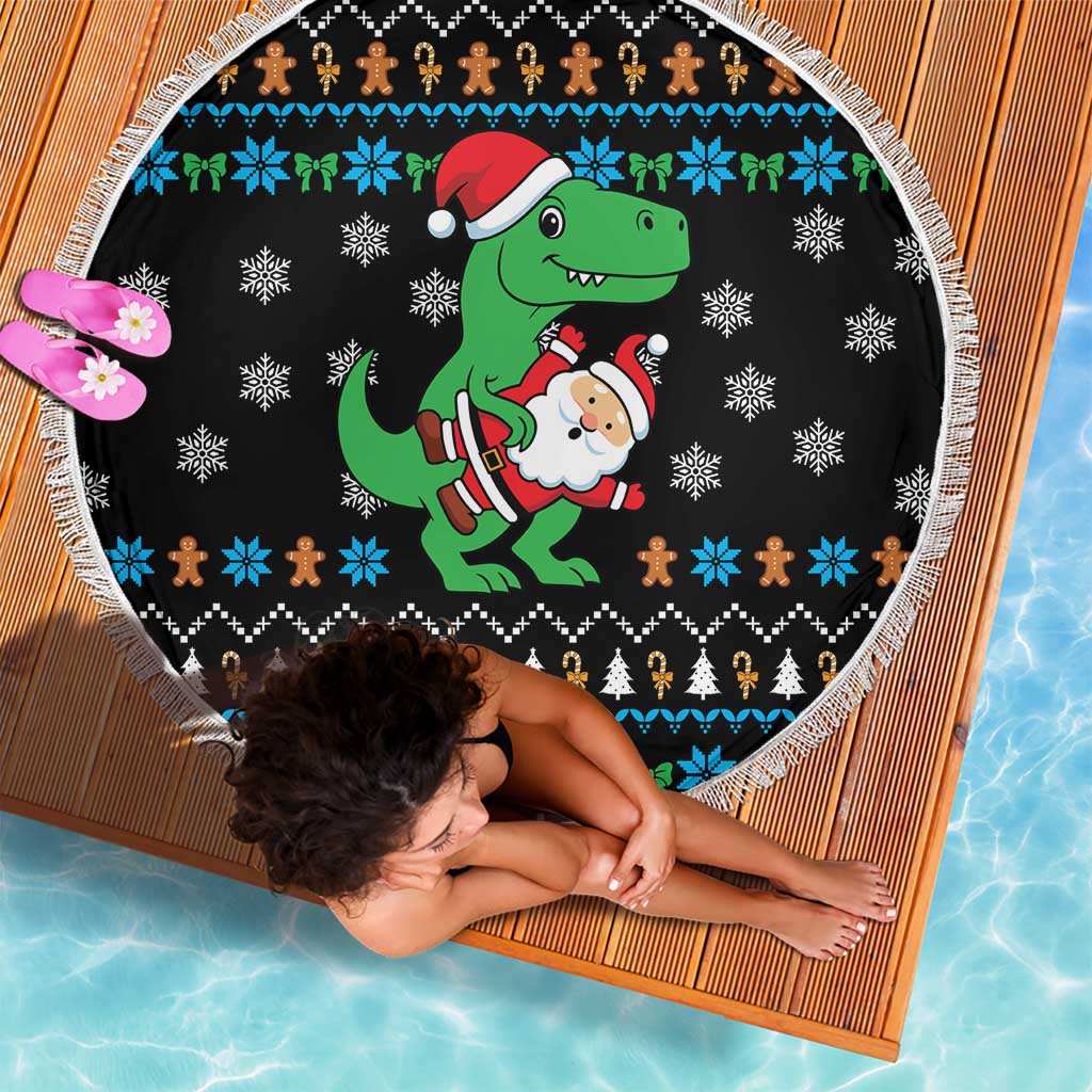 Funny Santa Riding Dinosaur Christmas Beach Blanket Gingerbread Snowflake Pattern - Wonder Print Shop