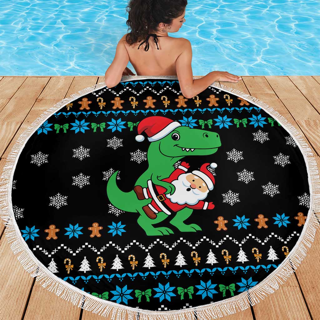 Funny Santa Riding Dinosaur Christmas Beach Blanket Gingerbread Snowflake Pattern - Wonder Print Shop