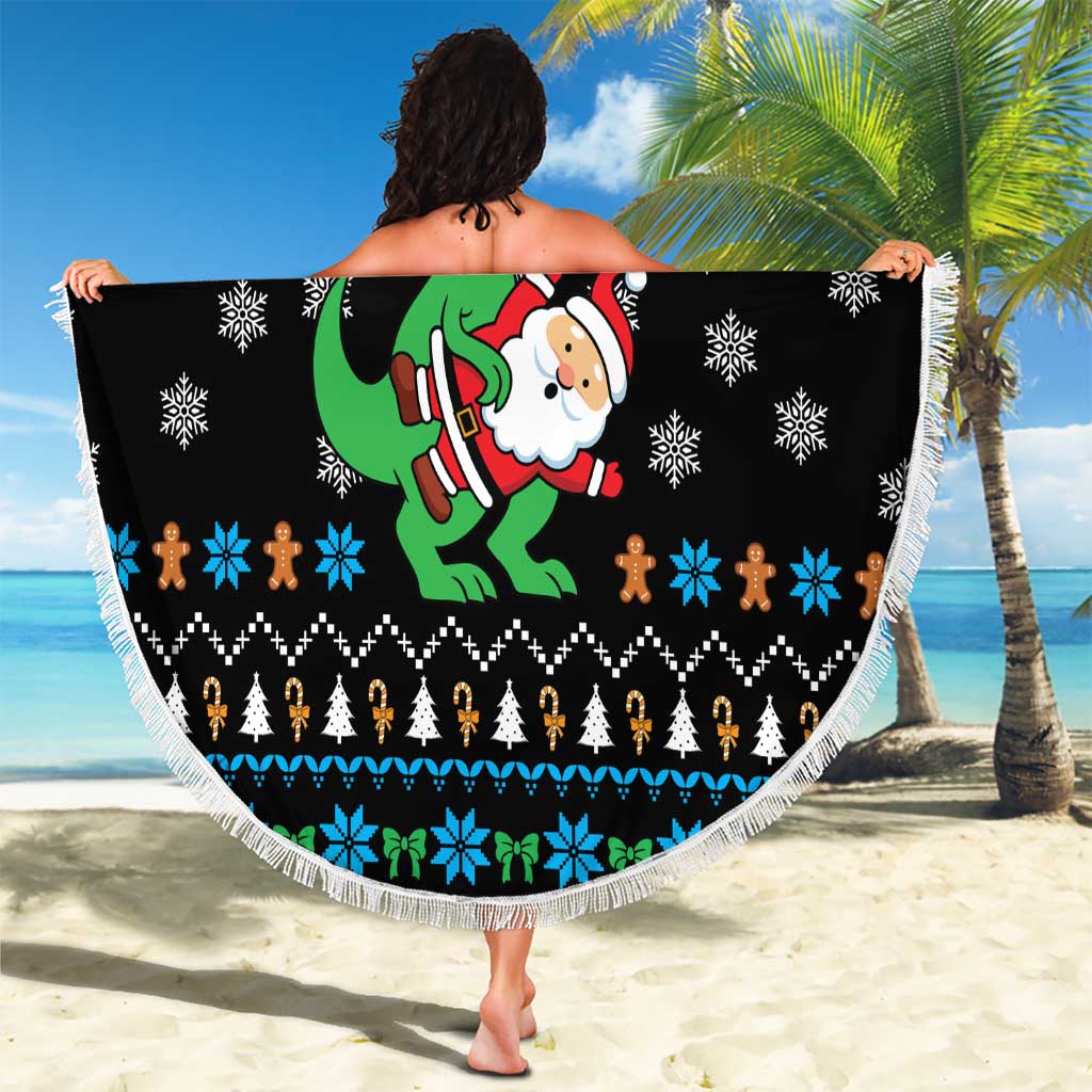 Funny Santa Riding Dinosaur Christmas Beach Blanket Gingerbread Snowflake Pattern - Wonder Print Shop