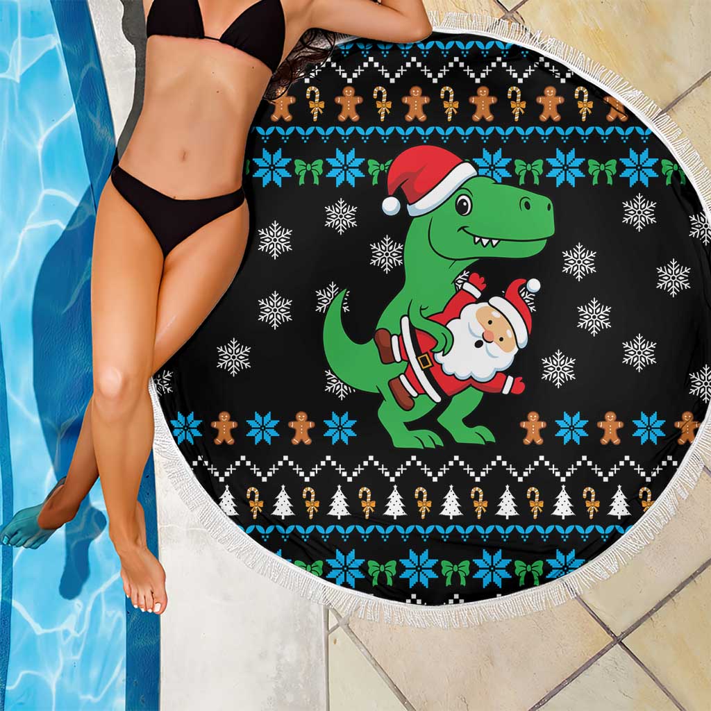 Funny Santa Riding Dinosaur Christmas Beach Blanket Gingerbread Snowflake Pattern - Wonder Print Shop