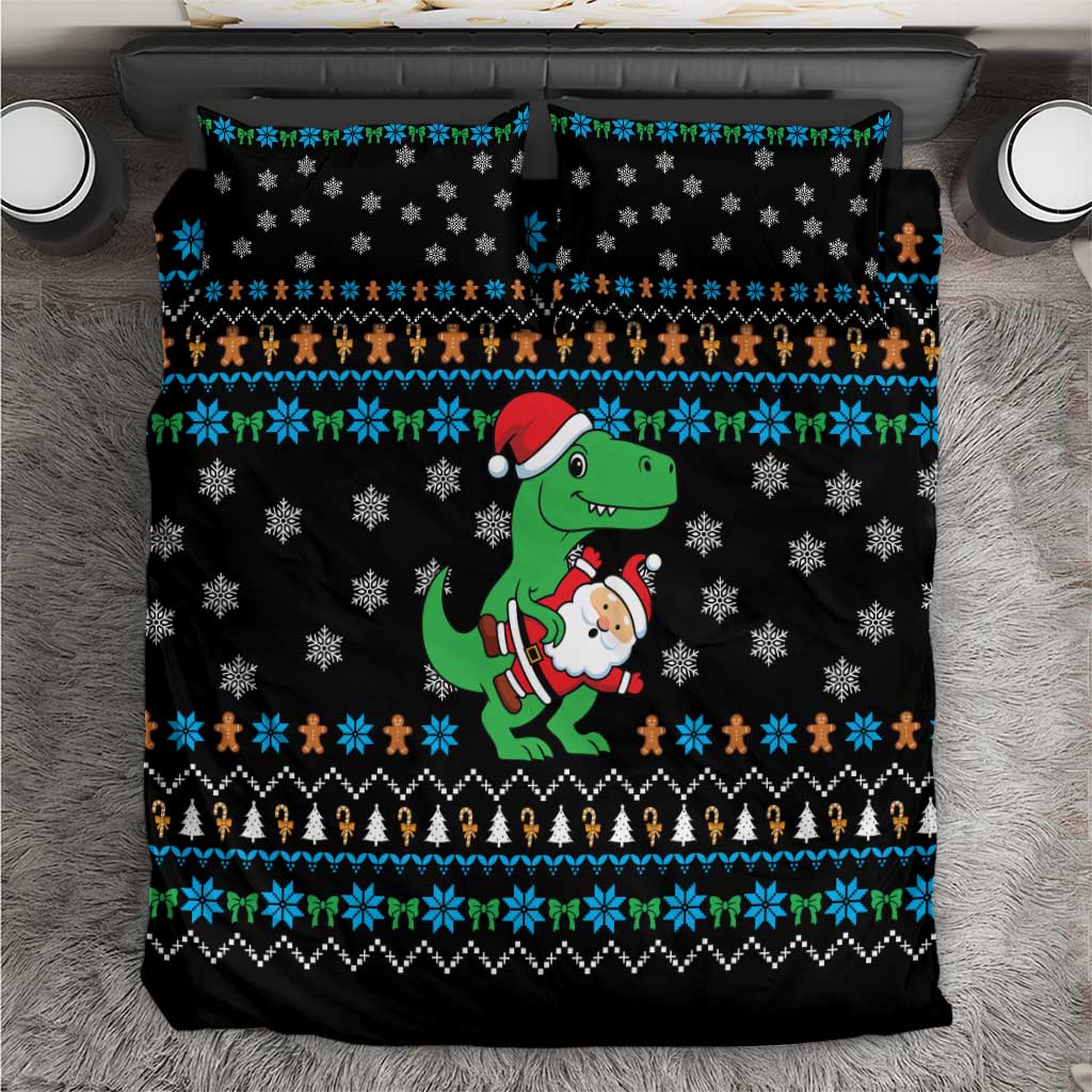 Funny Santa Riding Dinosaur Christmas Bedding Set Gingerbread Snowflake Pattern - Wonder Print Shop