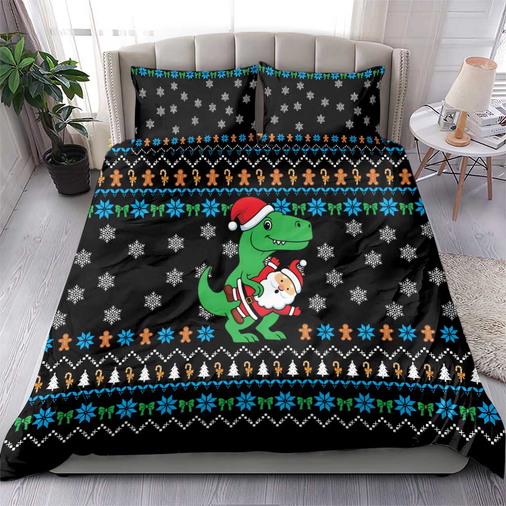 Funny Santa Riding Dinosaur Christmas Bedding Set Gingerbread Snowflake Pattern - Wonder Print Shop