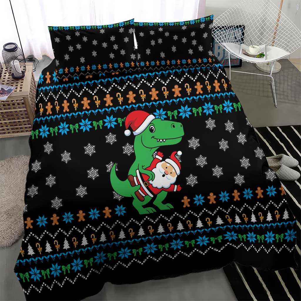 Funny Santa Riding Dinosaur Christmas Bedding Set Gingerbread Snowflake Pattern - Wonder Print Shop