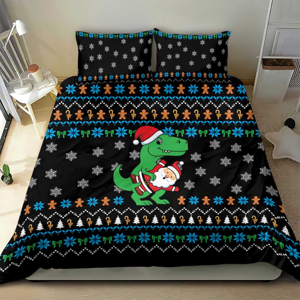 Funny Santa Riding Dinosaur Christmas Bedding Set Gingerbread Snowflake Pattern - Wonder Print Shop