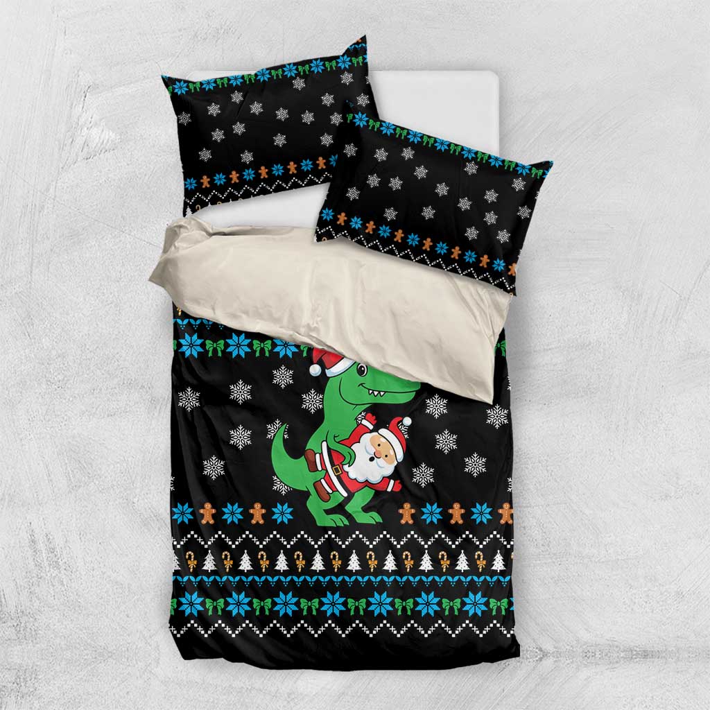 Funny Santa Riding Dinosaur Christmas Bedding Set Gingerbread Snowflake Pattern - Wonder Print Shop