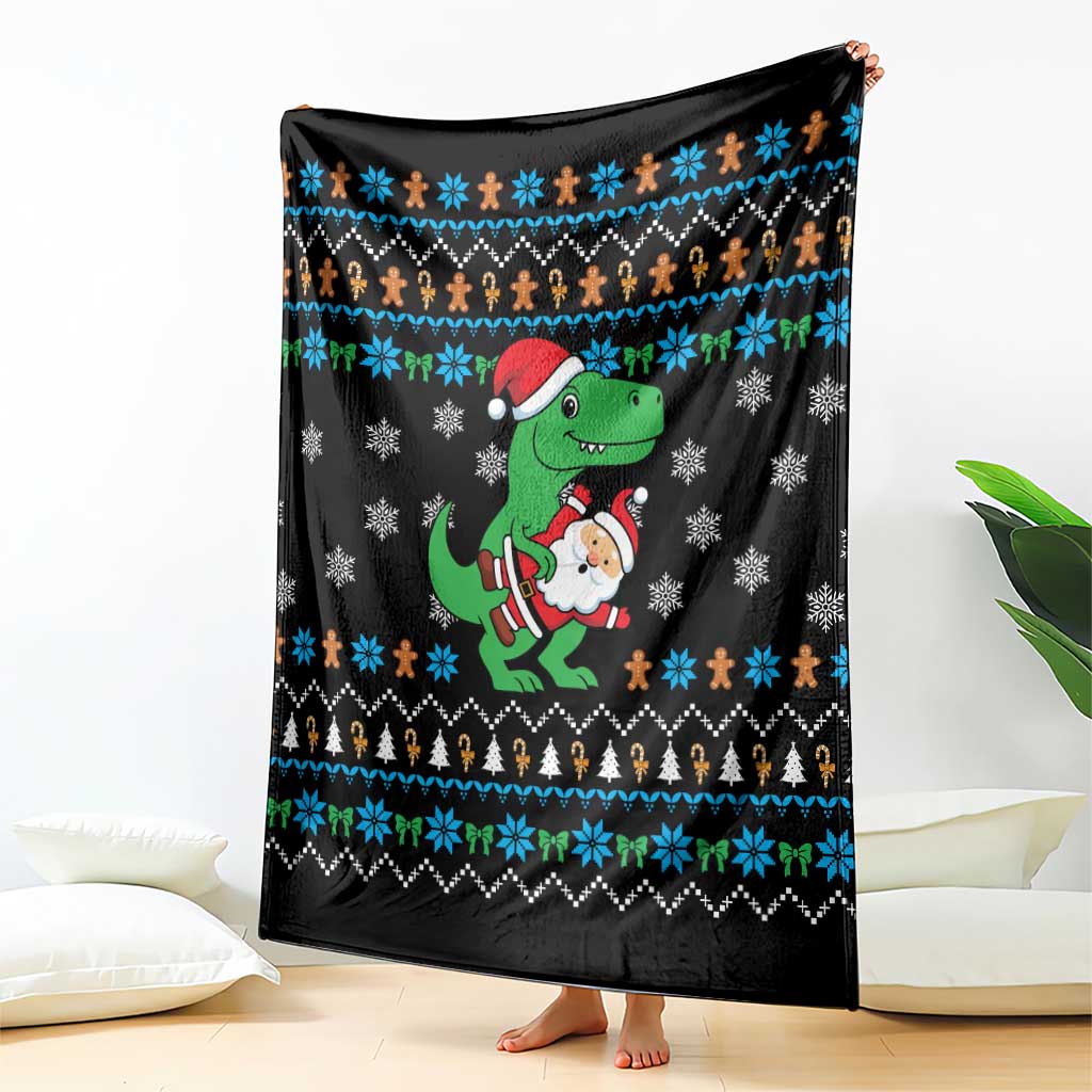 Funny Santa Riding Dinosaur Christmas Blanket Gingerbread Snowflake Pattern - Wonder Print Shop